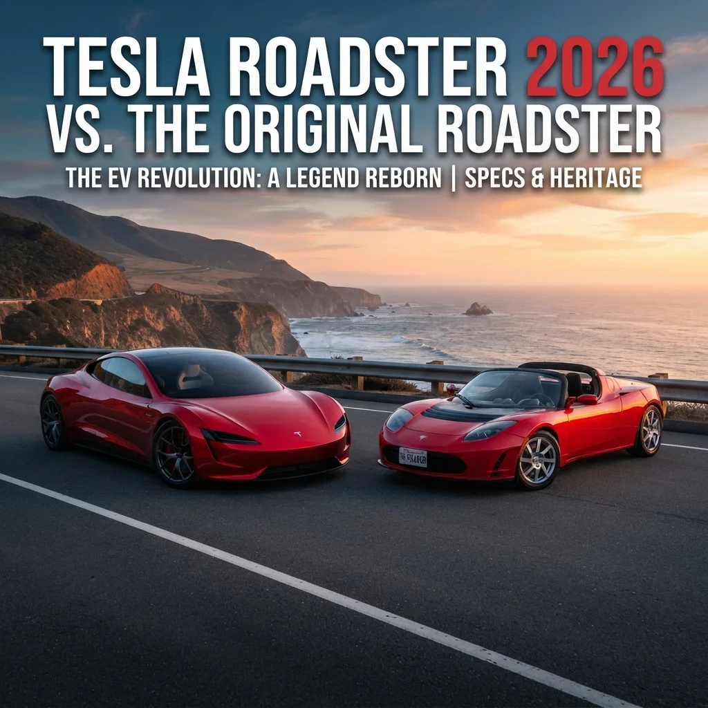 Tesla Roadster 2026 compared with the original Tesla Roadster by design, size, and exterior dimensions