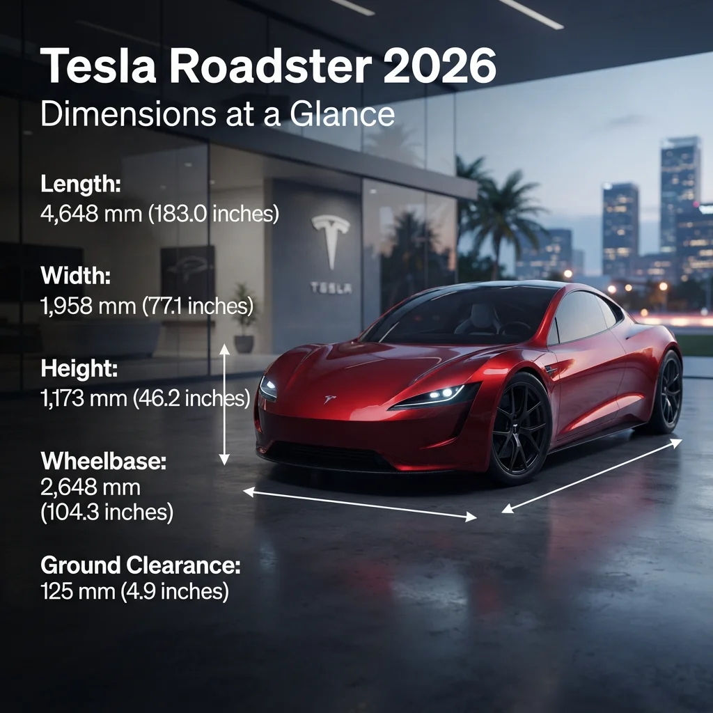 Tesla Roadster 2026 dimensions at a glance, highlighting expected length, width, height, and wheelbase