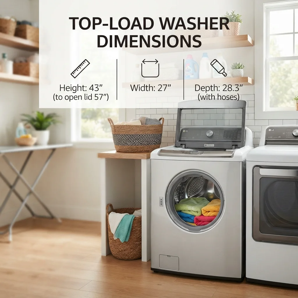 Top-load washer dimensions showing typical washing machine width, height, and depth