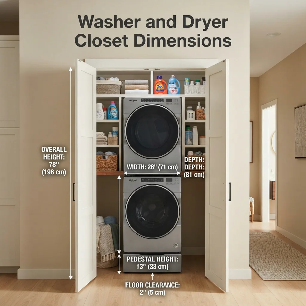 Washer and dryer closet dimensions showing typical laundry appliance clearances and required storage space
