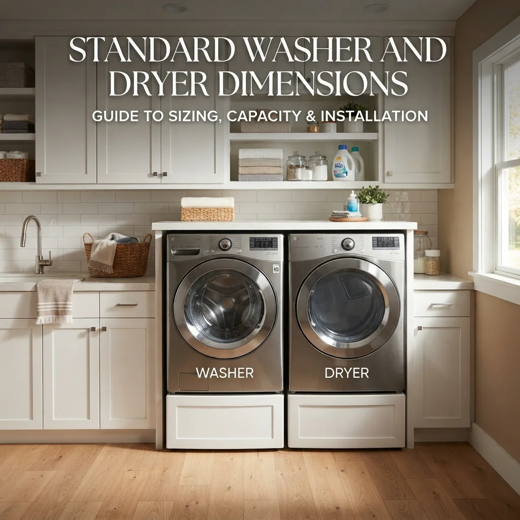 Standard washer and dryer dimensions showing typical appliance width, height, and depth