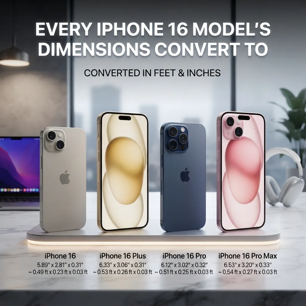 iPhone 16 model dimensions converted to inches, centimeters, millimeters, and other measurement units