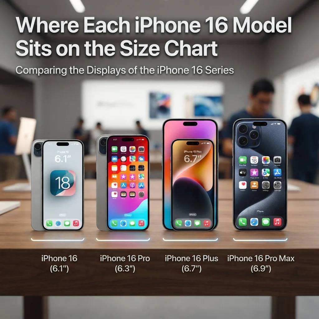 Where each iPhone 16 model sits on the size chart with height, width, and dimension comparisons