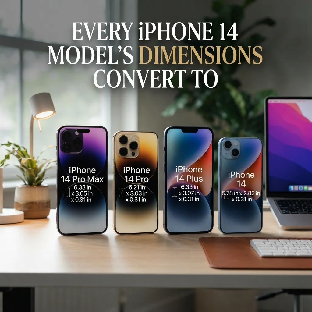 iPhone 14 model dimensions converted to inches, centimeters, millimeters, and other units
