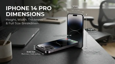 iPhone 14 Pro dimensions showing height, width, thickness, and full size breakdown