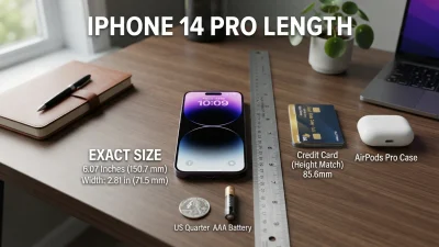 iPhone 14 Pro length showing exact height in inches and millimeters with size comparisons