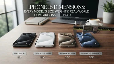 iPhone 16 dimensions showing model sizes, weight, height, width, and thickness