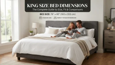King size bed dimensions showing standard length, width, mattress size, and bedroom fit comparisons