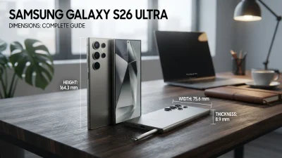 Samsung Galaxy S26 Ultra dimensions showing height, width, thickness, and overall phone size