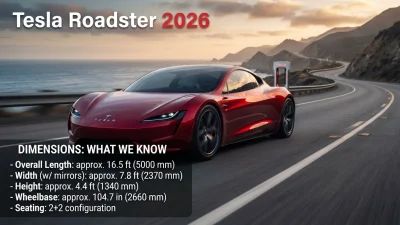 Tesla Roadster 2026 dimensions with an overview of its expected length, width, height, and wheelbase