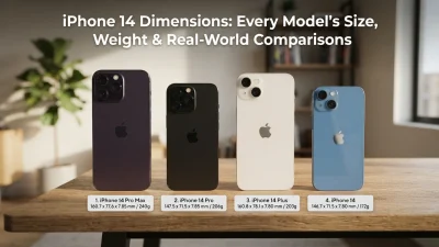 iPhone 14 dimensions showing model sizes, weight, height, width, and thickness