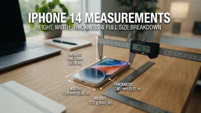 iPhone 14 measurements showing height, width, thickness, weight, and full size details