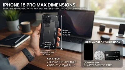 iPhone 18 Pro Max dimensions in inches and millimeters with real-world size comparisons